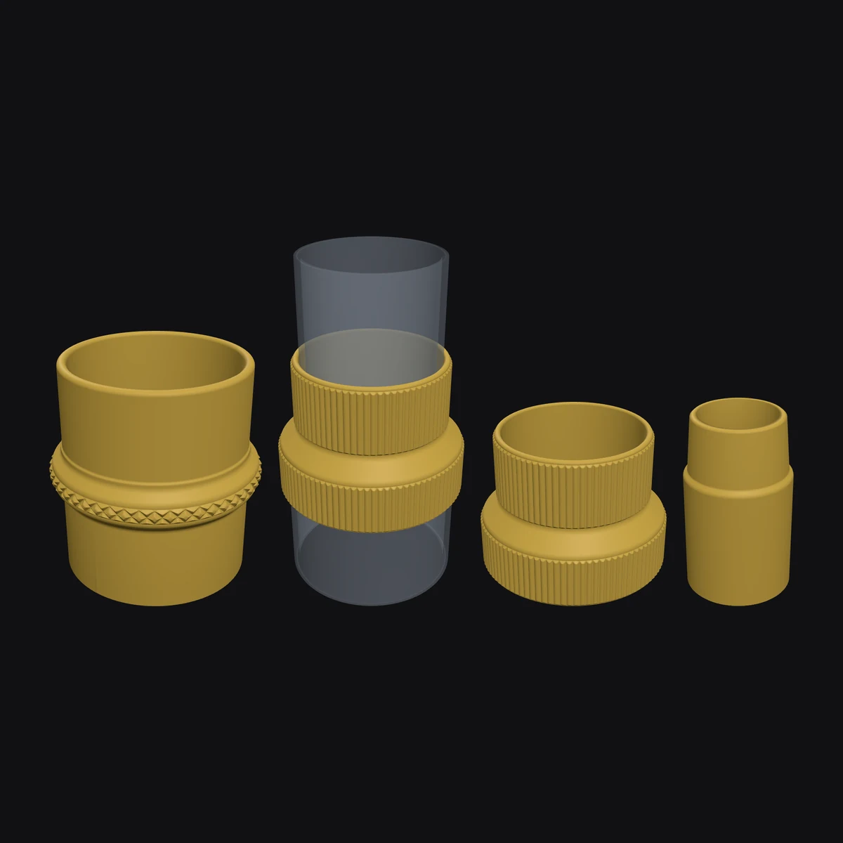 3D previews of four custom 3D-printed adapters in DuffAM gold, from a knurled hose coupler to a slim vacuum wand adapter